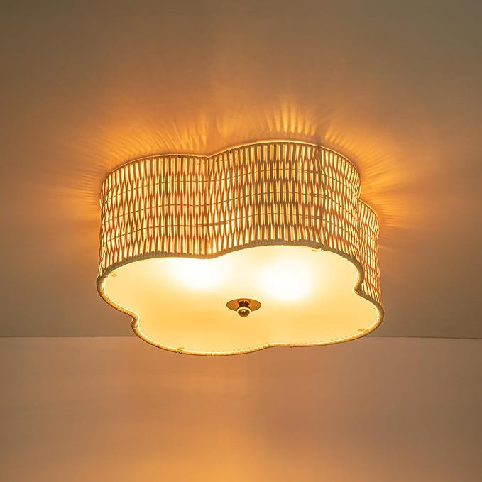 2-Light Rattan Ceiling Flush Mount with Glass Bottom Yellow Nautical Coastal Dimmable | Amazon (US)