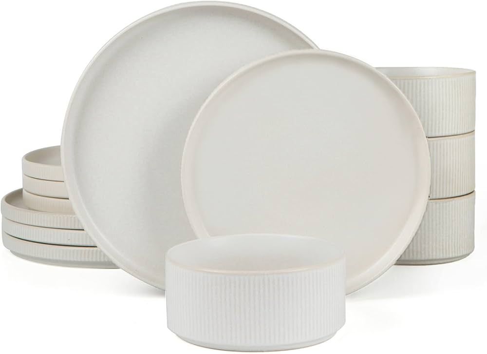 Famiware Star Dinnerware Sets, Plates and Bowls Set for 4, 12 Piece Dish Set, Full Glaze Matte Wh... | Amazon (US)