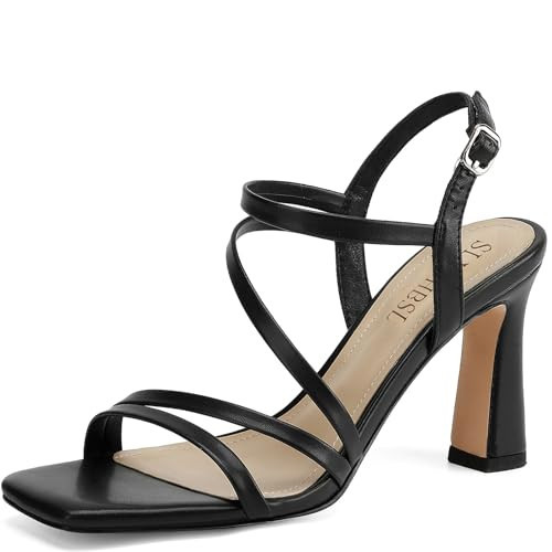 SLXCHBSL Black Strappy Heels for Women Dressy Heeled Sandals Square Toe Heels with Ankle Strap Chunky High Heels 9.5 | Amazon (US)
