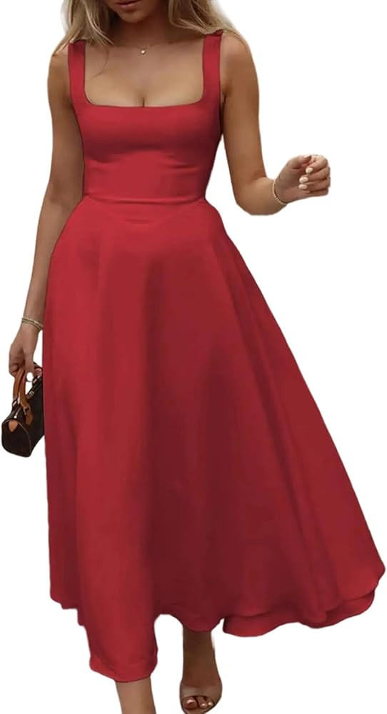 SHINFY Women's Summer Sleeveless Maxi Dresses Square Neck A-line Tank Dress Flowy Beach Vacation ... | Amazon (US)