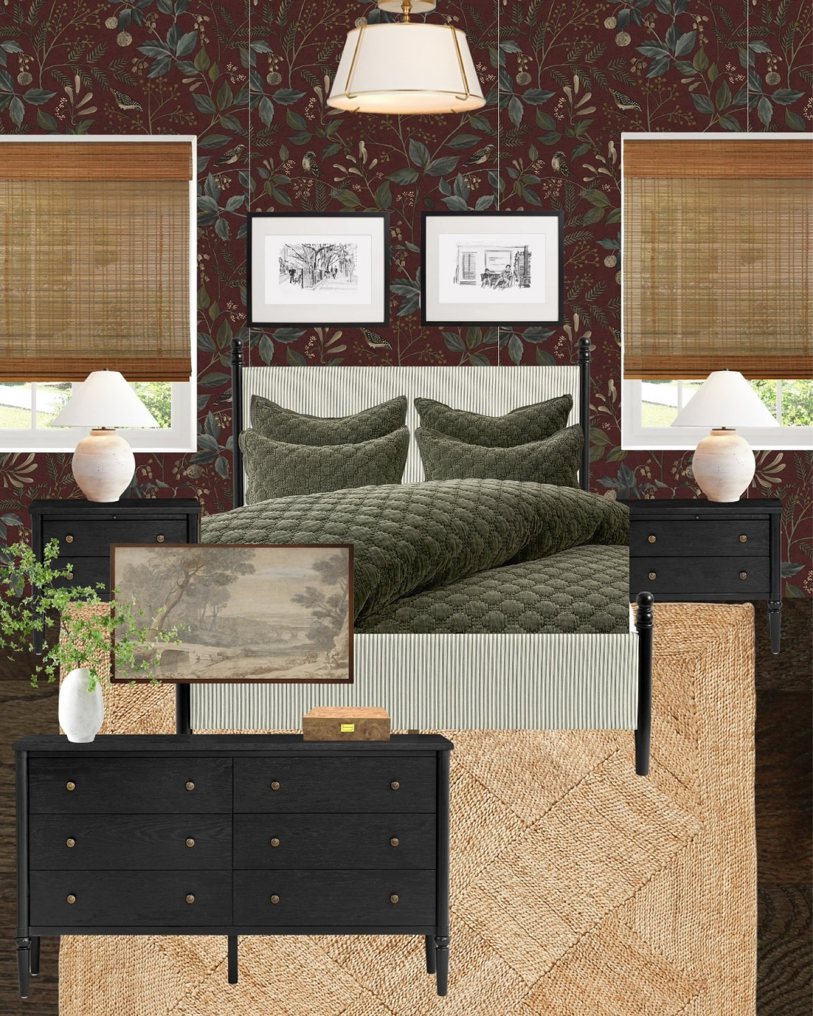 Moodboard Monday! This feels like a modern take on the McAllister home from Home Alone! The deep burgundy and classic green tones paired with sleek black nightstands create a timeless yet updated look. It’s a bedroom I can absolutely imagine his parents feeling right at home in.

#LTKFamily #LTKHome #LTKSeasonal