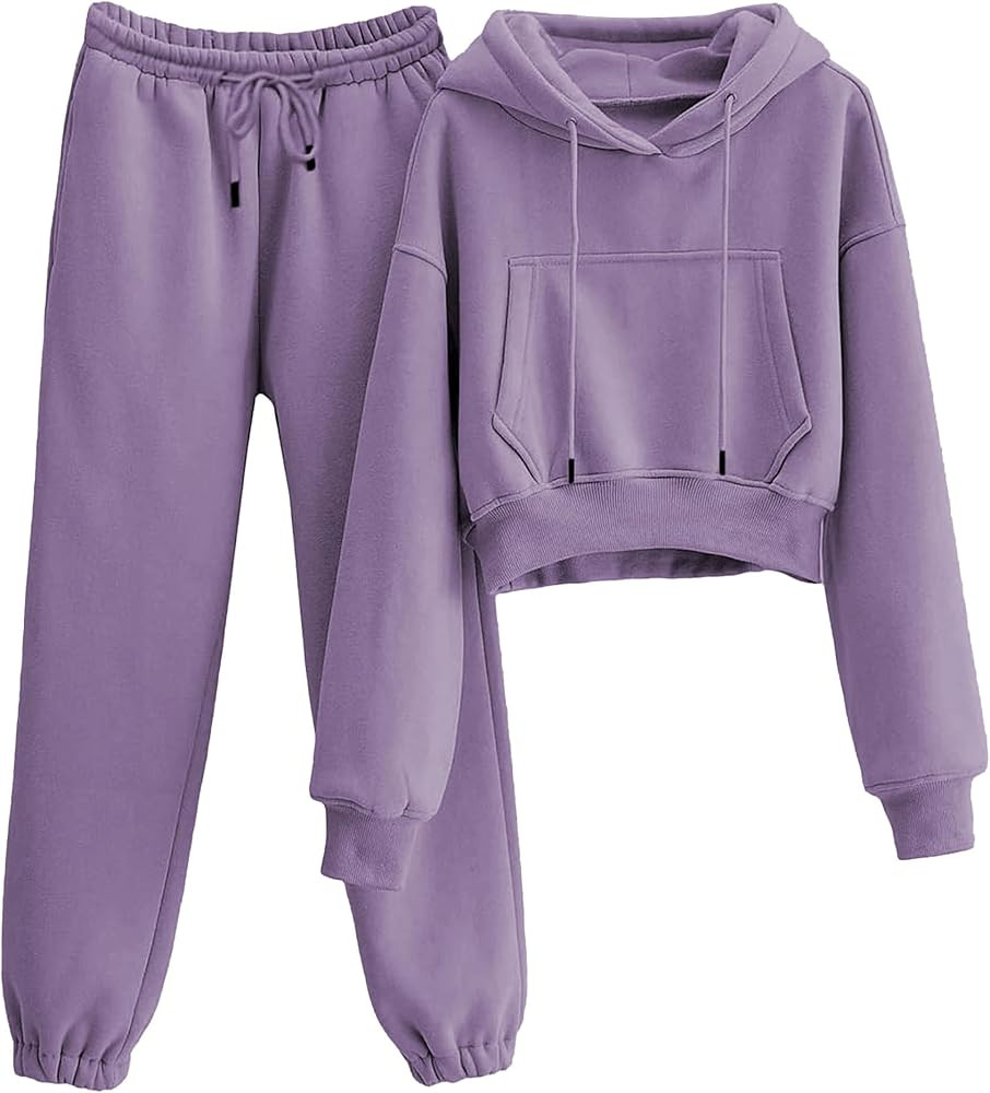 Womens Fleece 2 Piece Outfits Sweatsuit Crop Hoodie Pullover Sweatshirt Joggers Sweatpants Set | Amazon (US)