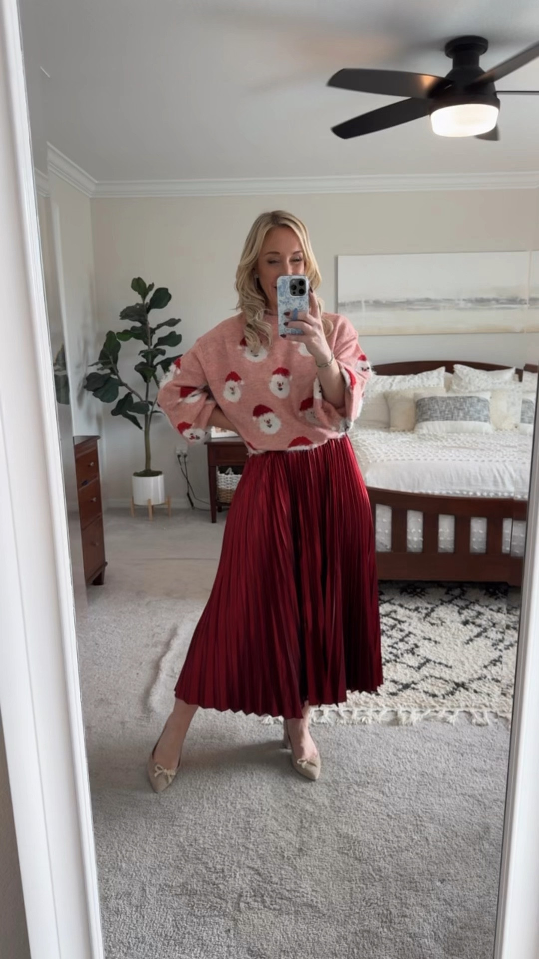 Holiday midi skirt outfits:
• Pink Santa sweater - size small // red pleated skirt - size XS. 

#LTKSeasonal #LTKHoliday #LTKWatchNow