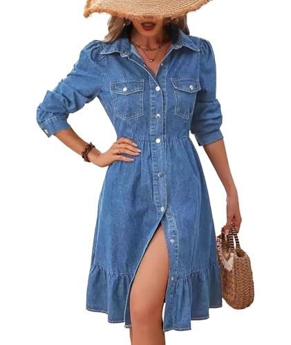 Sexyshine Women's Button Down Denim Dress Puff Long Sleeve Lapel Collar High Waist A Line Swing Ruffle Jeans Midi Dress(27657BE,L) Blue | Amazon (US)