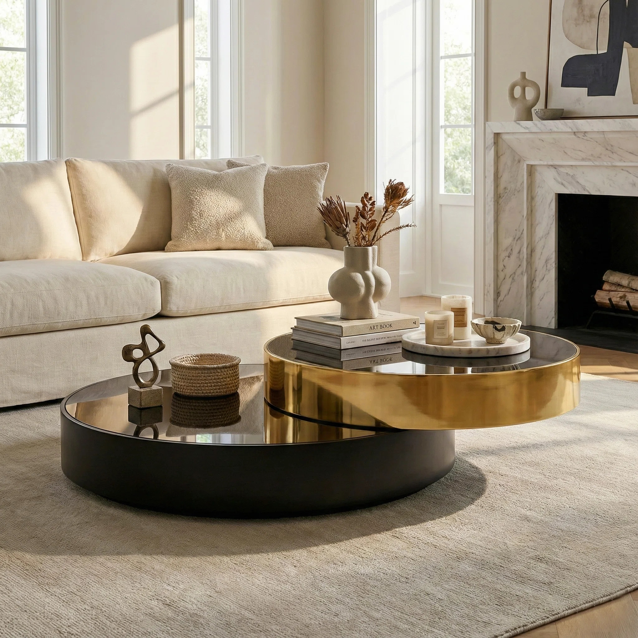 Modern Coffee Table with Mirror Black Glass Top and Stainless Steel Frame, Stylish and Durable fo... | Wayfair North America