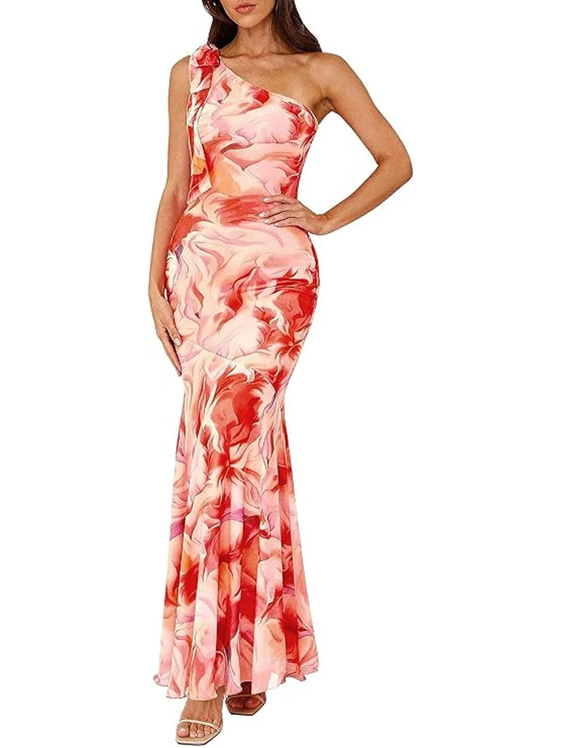 PRETTYGARDEN Womens Summer One Shoulder Maxi Dress Floral Sleeveless Bodycon Mesh Long Formal Wed... | Walmart (US)