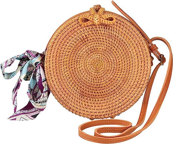 Round Rattan Bags Woman Handwoven Straw Purse Bag Crossbody Shoulder Leather Straps Natural Chic | Amazon (US)