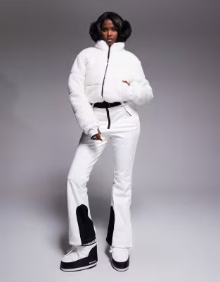 ASOS 4505 Ski soft shell and faux fur belted slim kick ski suit in white | ASOS (Global)