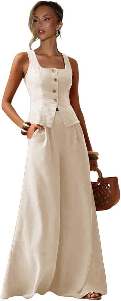 Linen Womens 2 Piece Summer Outfits Square Neck Casual Outfits for Women Sleeveless Vest and Wide... | Amazon (US)