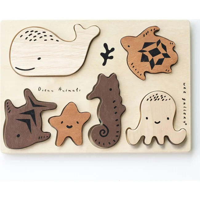 WOODEN TRAY PUZZLE - OCEAN ANIMALS - 2ND EDITION, Brown - Kids Toys | Wee Gallery from Maisonette | Maisonette