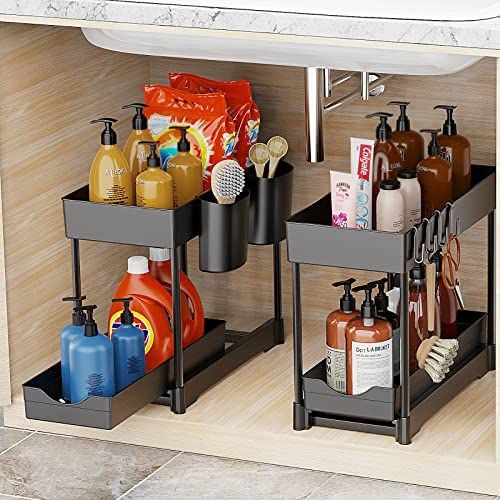 2 Pack Under Sink Organizers and Storage, 2 Tier Kitchen Sink Organizer with Pull Out Drawer, Slidin | Amazon (US)