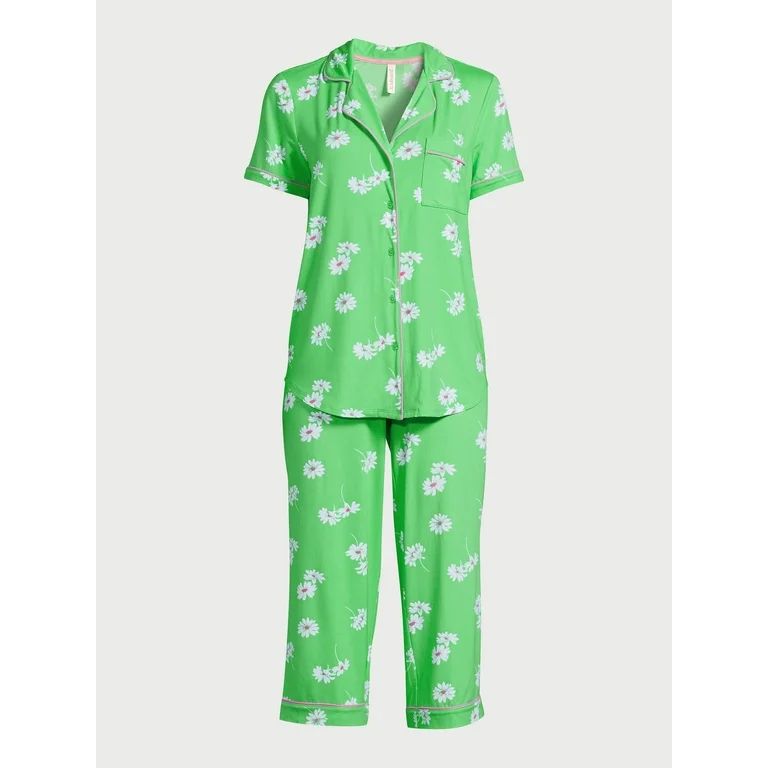 Joyspun Women's Knit Short Sleeve Notch Collar Top and Capri Pajama Set, 2-Piece, Sizes S to 3X | Walmart (US)