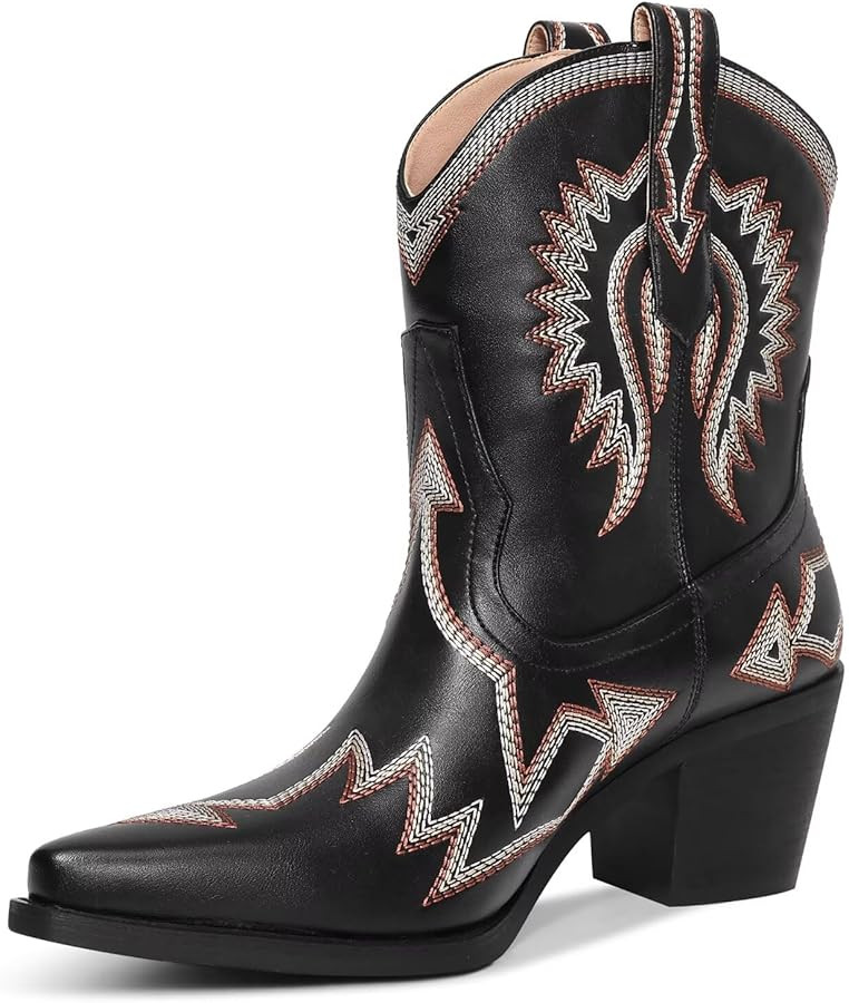 Western Boots for Women Metallic Embroidered Pointed Toe Cowgirl Boots Chunky Heel Pull-On Short ... | Amazon (US)