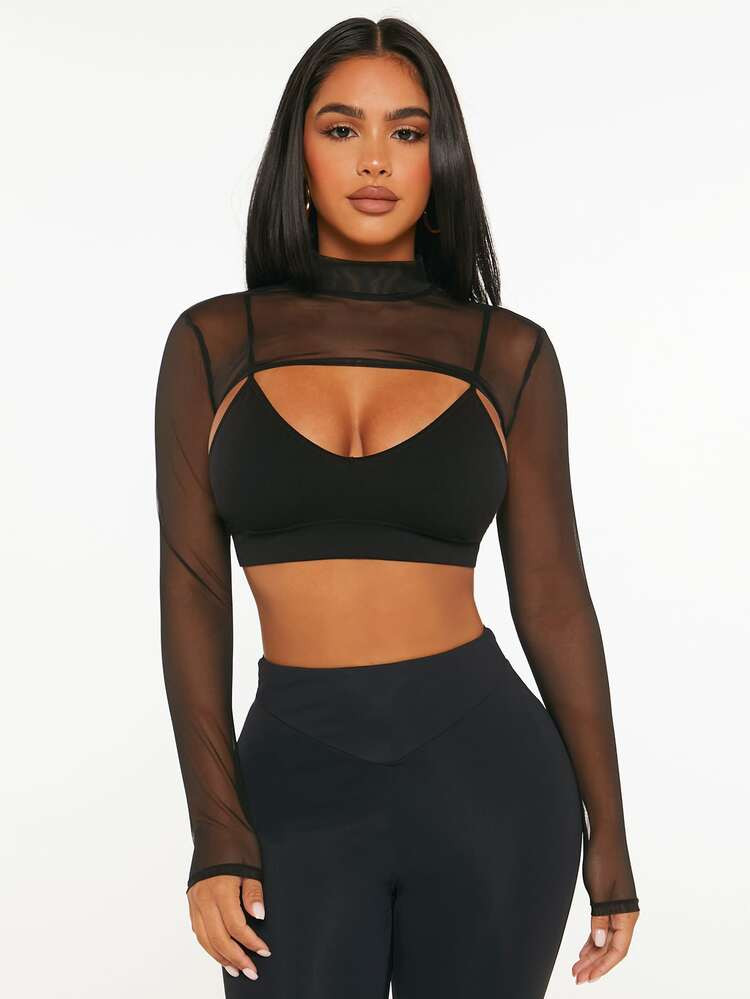 SHEIN PETITE Mock Neck Super Crop Mesh Top Without Bra | SHEIN