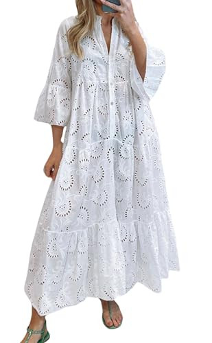 CHARTOU Women Cotton Eyelet Maxi Dress Embroidered Flowy Dress Boho Lace Shirt Dress Summer Tiered Swing A Line Dress (Small, White) | Amazon (US)