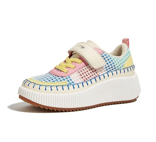 LUCKY STEP Children/Kids/Boys/Girl Glitter Comfort Casual School Low Top Sneaker Strap Athletic Tennis Running Shoes (Pink/Yellow Multi Knit,Little Kids 12) | Amazon (US)