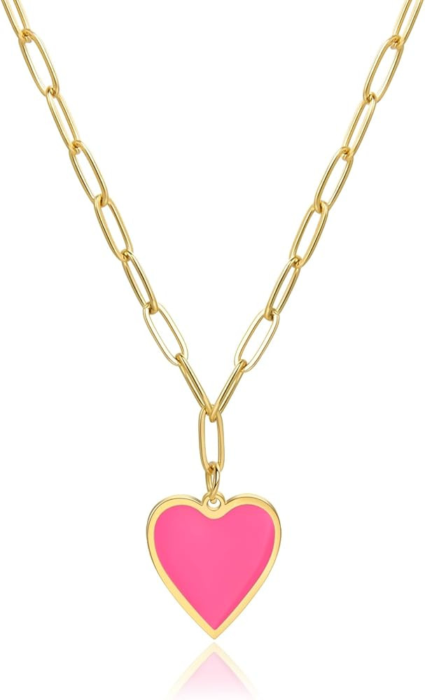 CANDYFACNY Heart Enamel Pendant Necklace for Women Girl Gold Plated Love Paperclip Chain Necklace... | Amazon (US)