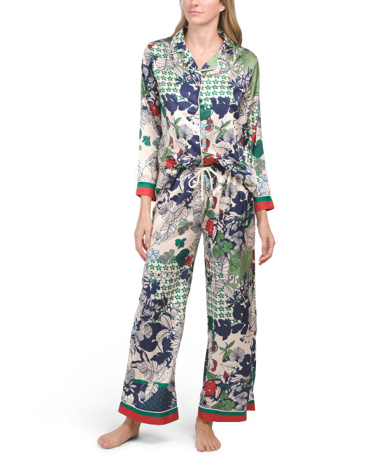 Satin Floral Notch Pajama Set With Trim Detail | TJ Maxx