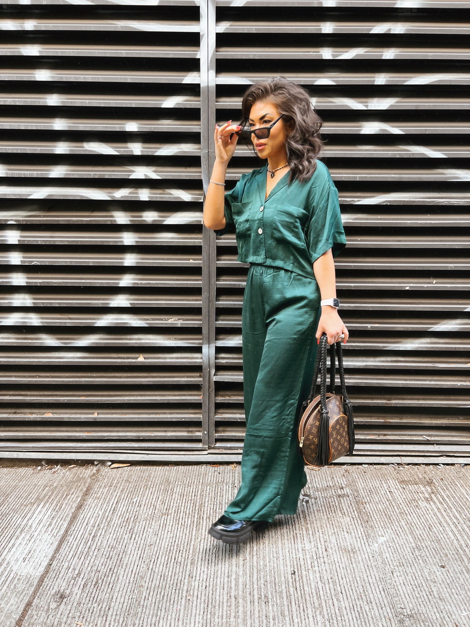 bohme code: POLLOCK15 / fall ootd / wide leg pants / emerald monochromatic outfit / loafers / trendy fall / gold jewelry / black sunglasses / upcycled LV purse / upcycled designer jewelry 

#LTKstyletip #LTKunder100 #LTKitbag