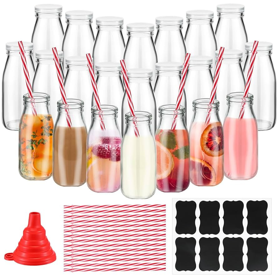 Tioncy Glass Bottles Set, 20 Pack 8.5oz Milk Bottles with Lids, Straws, Funnel & Labels for Juice... | Amazon (US)