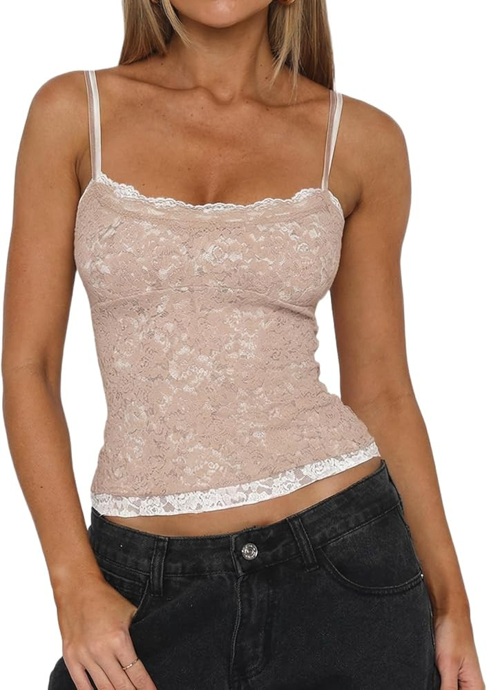 QINSEN Women's Double Layer Lace Camisole Tank Scoop Neck Summer Y2k Going Out Trendy Cami Shirt | Amazon (US)