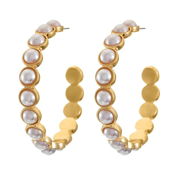 Seren Jewelry Women's Simulated Pearl and 14K Gold Flash Plated Hoop Earrings | Walmart (US)