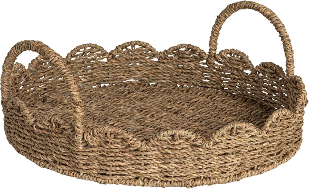 Household Essentials Round Handwoven Seagrass Tray with Scalloped Edge and Handles, Natural | Amazon (US)