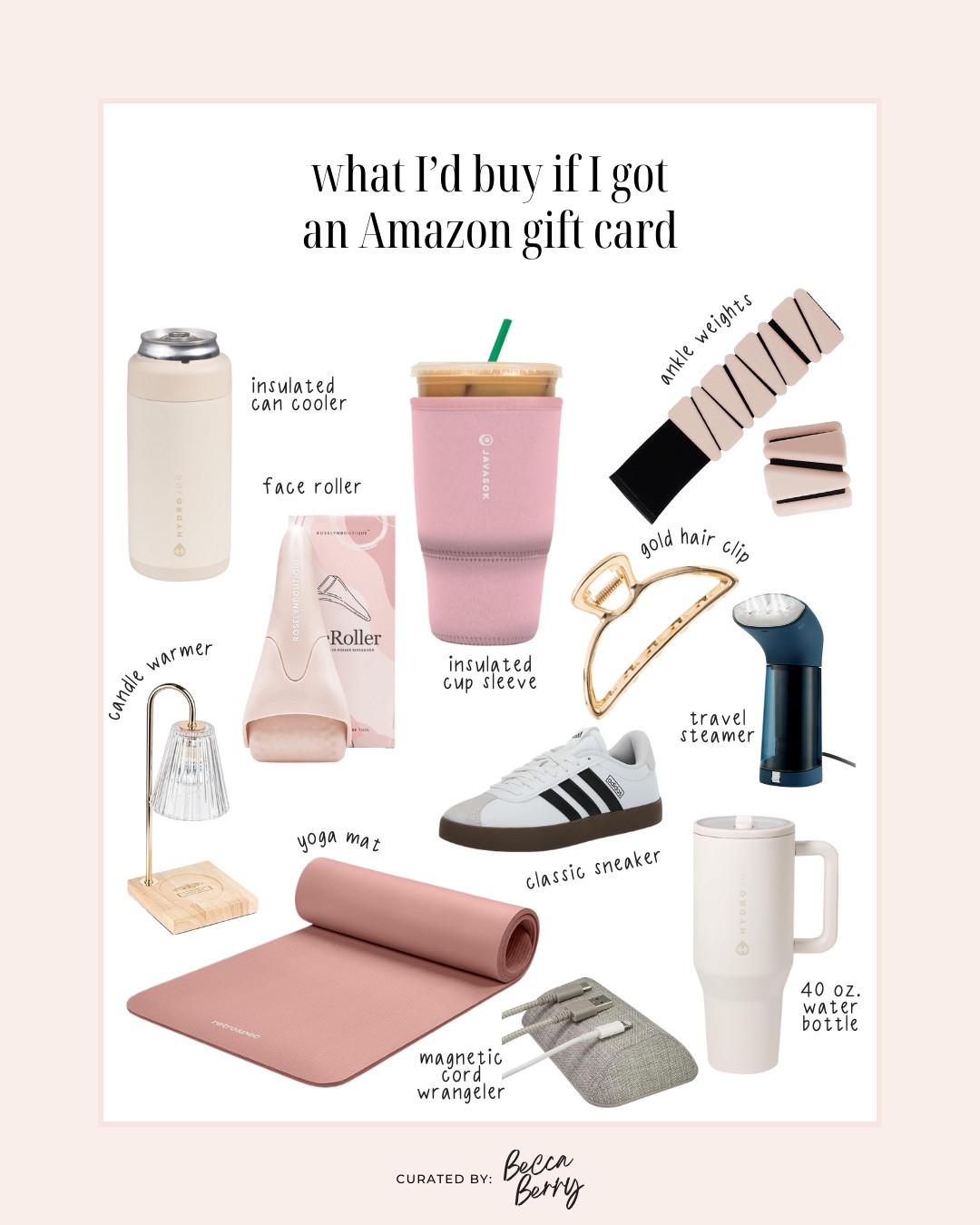 What I’d buy with an Amazon gift card:
*Can cooler or insulated cup sleeve
* Face roller
* Ankle or wrist weights
* Candle lamp warmer (must-have for my wfh office)
* Yoga mat
* Adidas Court sneakers (my go-to shoes this past year)
* Kitsch gold hair clip
* Smartish magnetic cable wrangler
* Hydrojug 40 oz tumbler

#LTKFindsUnder50 #LTKselfcare #LTKHome