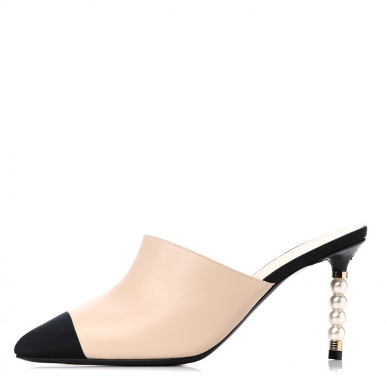 CHANEL Lambskin Grosgrain Cap Toe Pearl Mule 35.5 Beige Black | Fashionphile