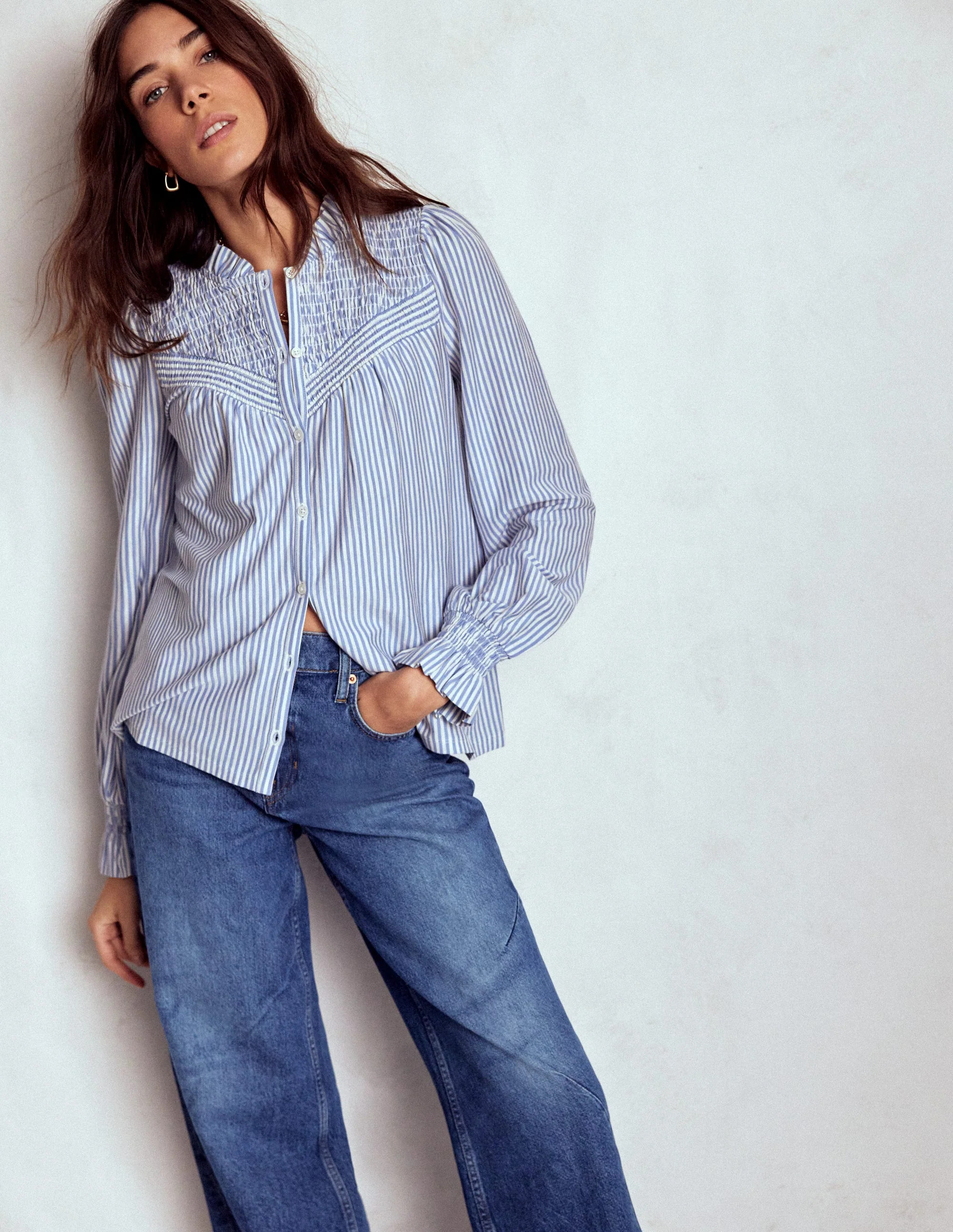 Smocked Yoke Jersey Shirt-Forever Blue and Ivory Stripe | Boden UK