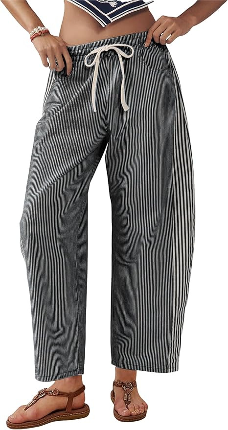 SCUSTY Women's Baggy Wide Leg Jeans Mid Rise Barrel Denim Ankle Pants Casual Striped Pull On Draw... | Amazon (US)