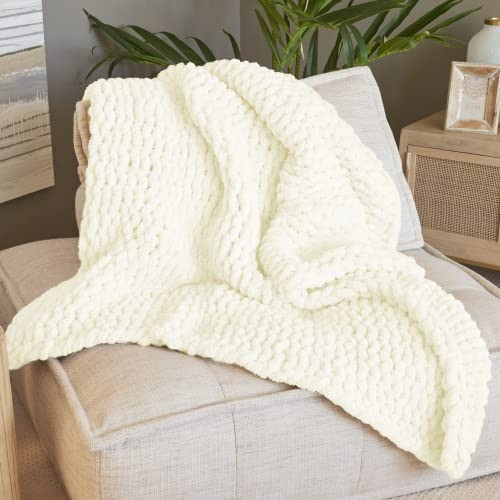 BIRCHIO Cream White Extra Soft Chunky Knit Blanket Throw, 100% Hand Knit with Chenille Yarn, Super Fluffy and Extra Soft, Big Throw Blanket (Cream White,50 * 60inch) | Amazon (US)