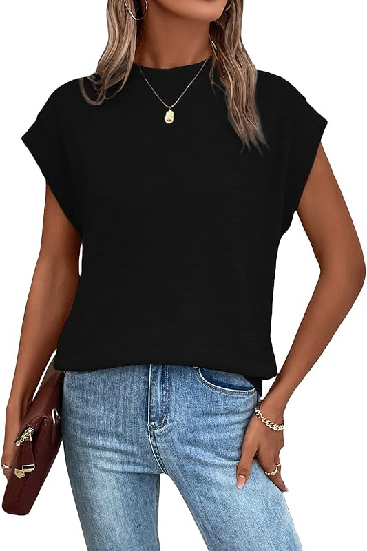 Women's Casual Bat Wing Cap Sleeve T Shirt Crew Neck Work Top | Amazon (US)