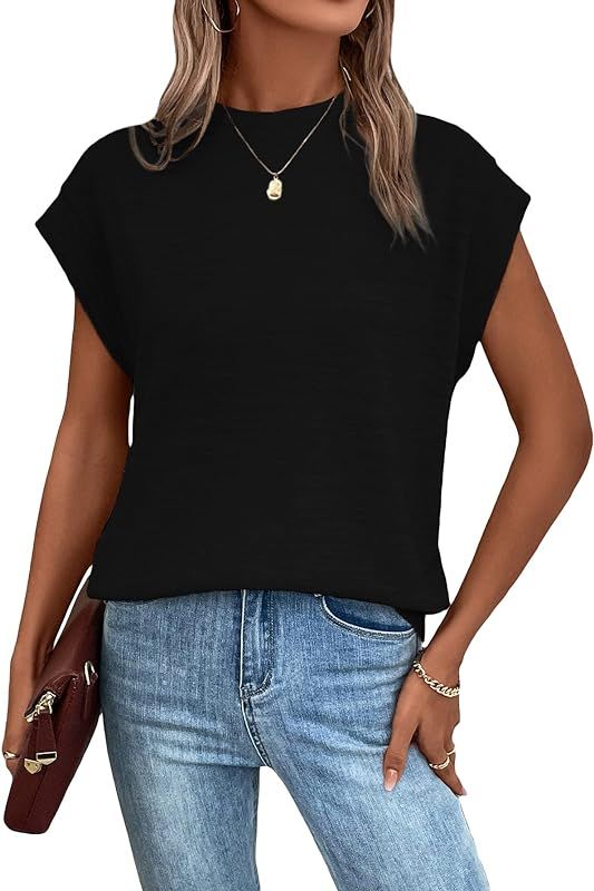 Women's Casual Bat Wing Cap Sleeve T Shirt Crew Neck Work Top | Amazon (US)