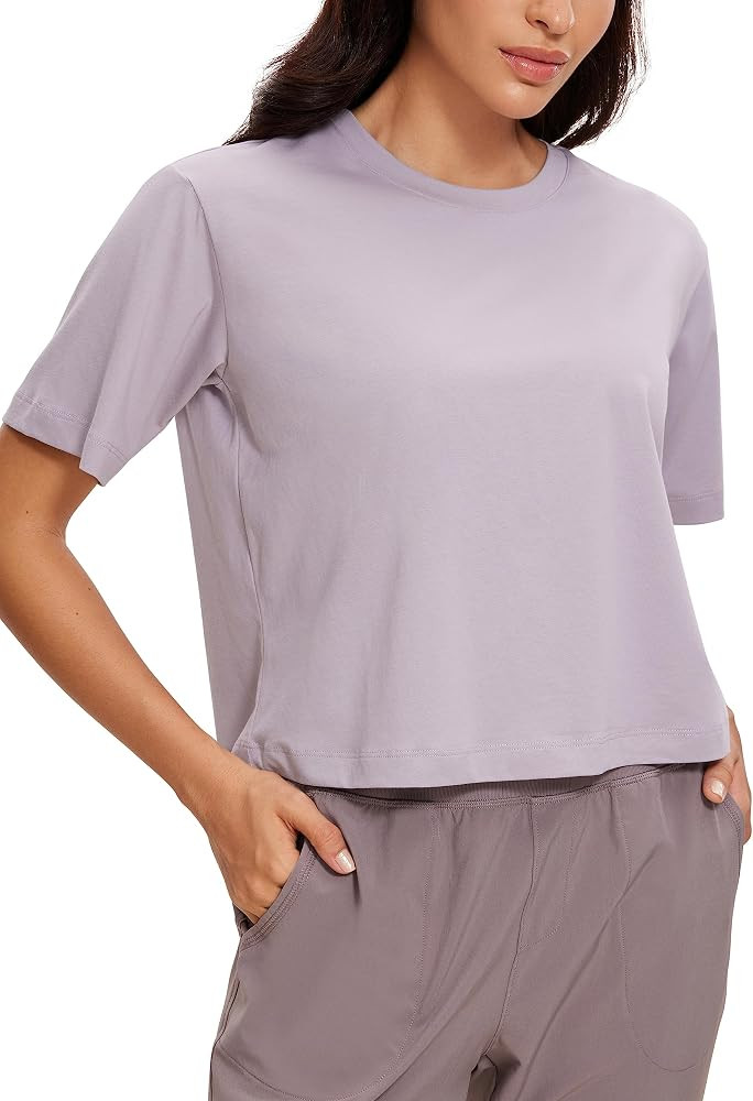 CRZ YOGA Womens Loose Fit Cotton Polyester Short Sleeve Shirts Crop Tops Casual Workout T-Shirts | Amazon (US)