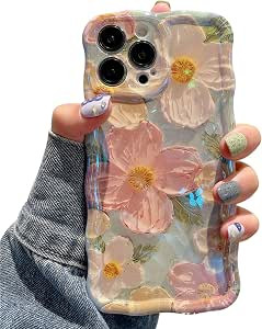 Jusy Oil Painting Flower Compatible with iPhone 14 Pro Max Case, Colorful Retro Floral Cute Curly... | Amazon (US)