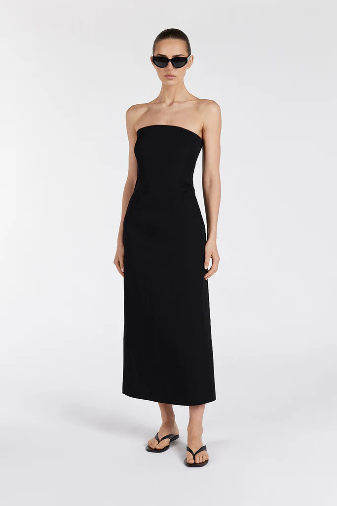 OPAL BLACK STRAPLESS MIDI DRESS | DISSH