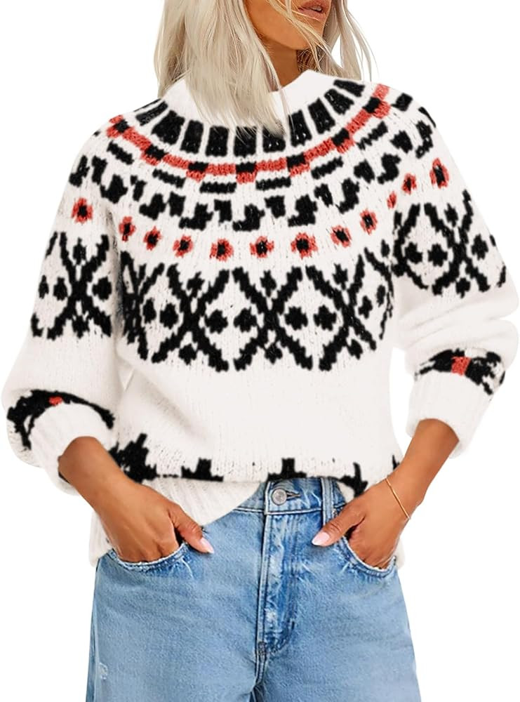 Saodimallsu Womens Fair Isle Sweater Vintage Crew Neck Long Sleeve Chunky Knit Fall Winter Pullov... | Amazon (US)