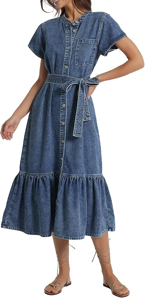 Kedera Summer Button Down Denim Shirt Dresses for Women Maxi Ruffle Short Sleeve Flowy Tiered Bea... | Amazon (US)