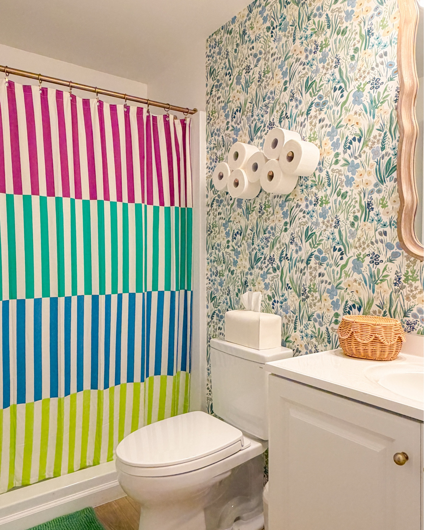Since we completed our basement renovation last summer, I have been slowly making the space feel fun and whimsical. #ad This week I completed an affordable bathroom makeover with peel and stick wallpaper, a colorful shower curtain, and gold faucet and fixtures from Wayfair! Exact and similar bathroom finds linked.

#wayfair #wayfairpartner @Wayfair 

#LTKKids #LTKHome #LTKSeasonal