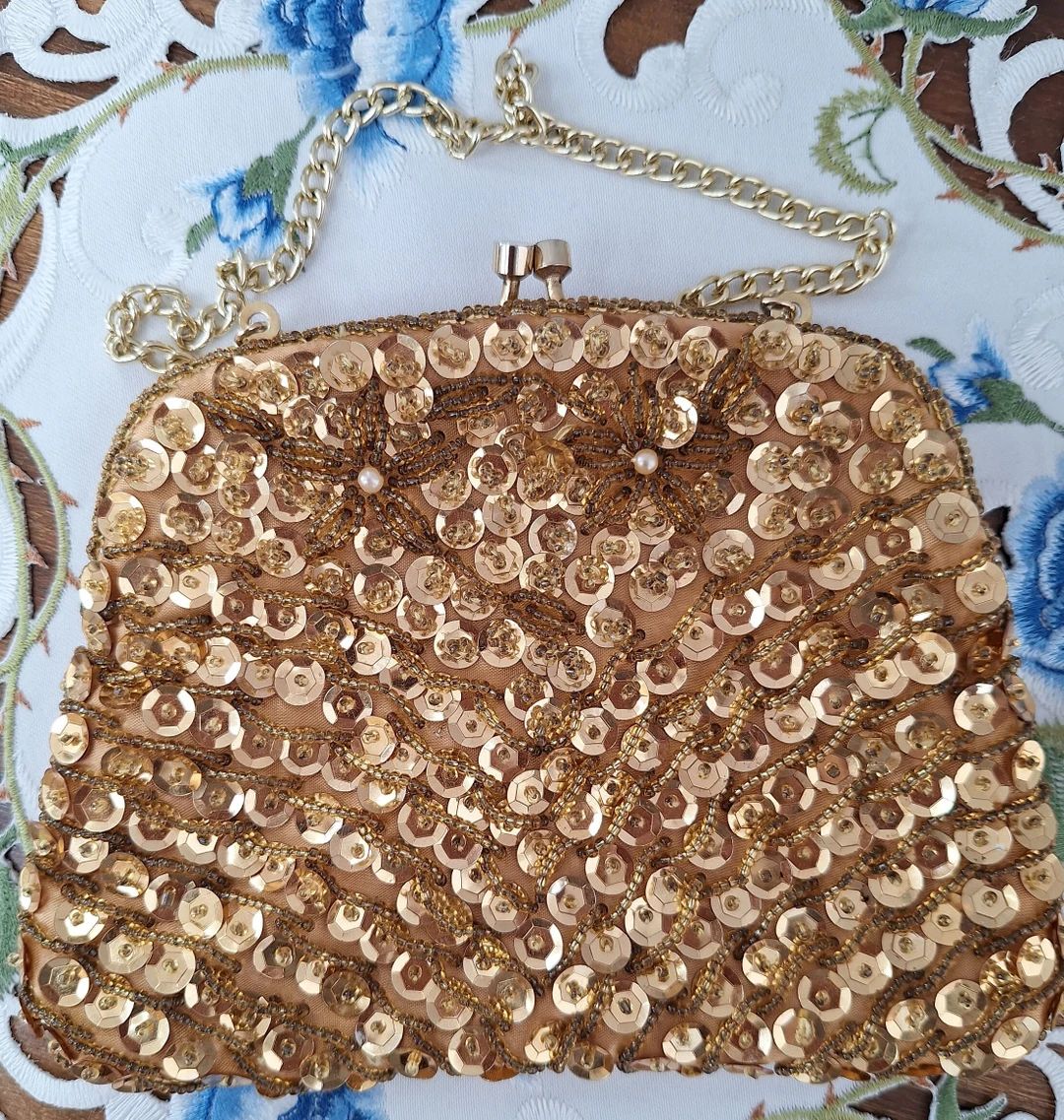 Vintage Evening Handbag Gold Sparkly Sequins 1950s Chain - Etsy UK | Etsy (UK)