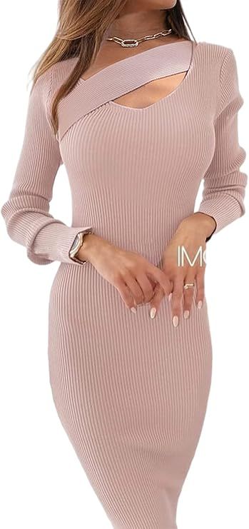 Glamaker Women's Sexy Long Sleeve Ribbed Sweater Dress Bodycon Midi Long Sweater Dresses | Amazon (US)