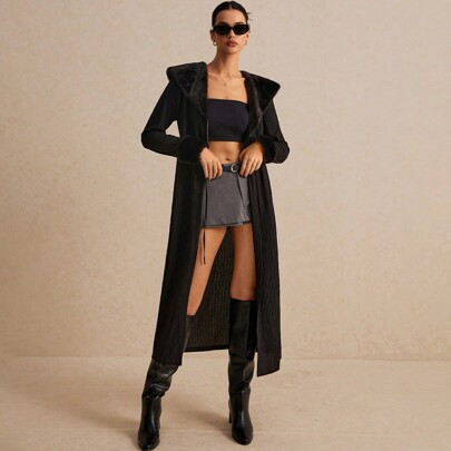 Women's Black Fluffy Lapel Lace-Up Closure Fur Collar Opening Long Casual Coat, Borg Collar Lace-Up Long Coat, Black Fur Coat, Black Fur Coat, Winter | SHEIN