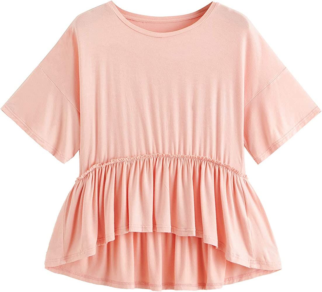 Romwe Women's Loose Ruffle Hem Short Sleeve High Low Peplum Blouse Top Light Pink S at Amazon Wom... | Amazon (US)