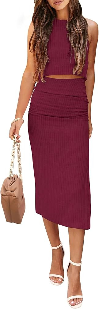 PRETTYGARDEN Women's 2 Piece Summer Outfits Crewneck Tank Tops Split Bodycon Midi Skirt Set | Amazon (US)
