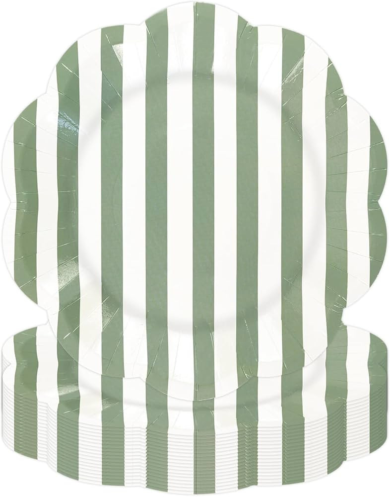 50PCS Sage Green Striped Paper Plates, 7Inch Scalloped Plates Disposable Green and White Cake Des... | Amazon (US)