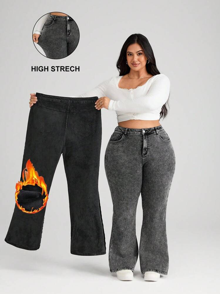 SHEIN CURVE+ Gray Plus Size Jeans, Skinny Stretch Flared Pants Lined For Added Warmth | SHEIN