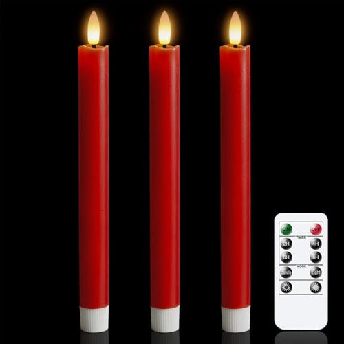 KunSwenn Red Taper Candles Battery Operated, LED Christmas Flameless Taper Candles with Remote Timer, Real Wax LED Flameless Candlesticks for Christmas Home Decor(Set of 3, 0.78” x 9.6”) | Amazon (US)