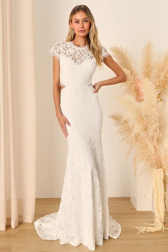 Devoted to Bliss White Lace Cap Sleeve Cutout Trumpet Maxi Dress | Lulus (US)
