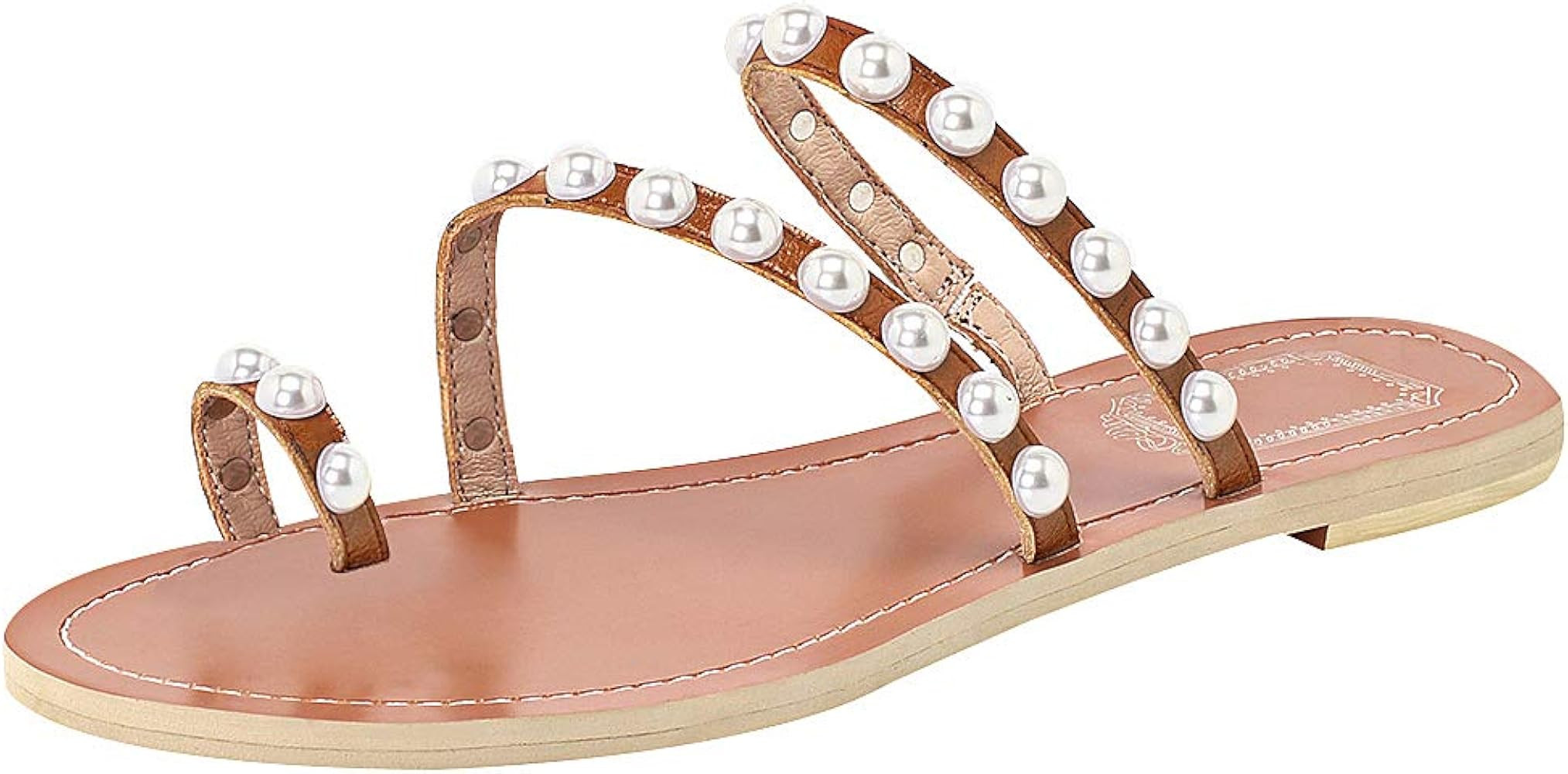 ANUFER Women's Bohemia Pearls Toe Ring Sandals/Slippers Summer Flat Flip Flops Beach Shoes | Amazon (US)